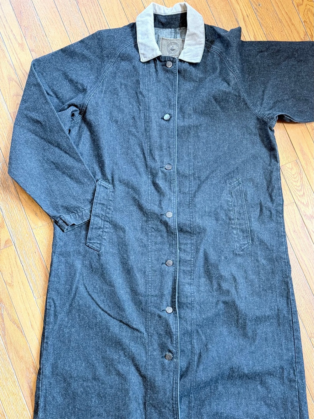 Vintage Gotcha Covered Jeans Wear Black Denim Duster Coat w/beige suede Collar –